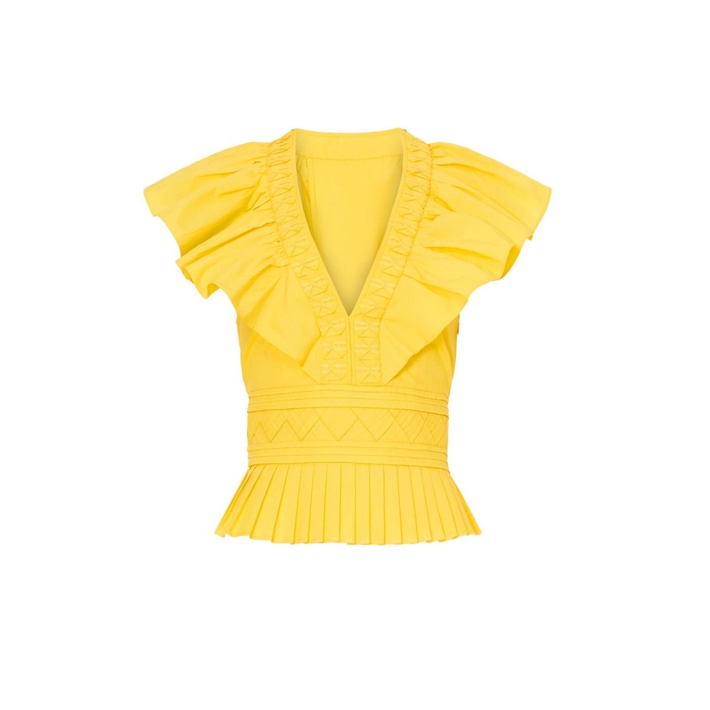 Ramy Brook Peplum Emilia Top Women XXS Yellow New Ruffle V-Neck Smocked Cotton